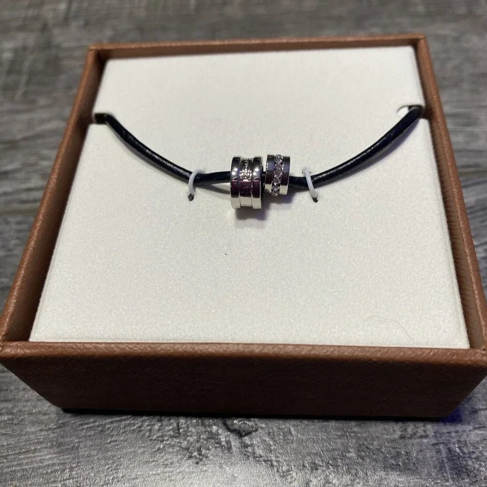 Coach Black & Silver Leather Cord Bracelet W/Rhinestones New In Gift Box - Picture 2 of 5
